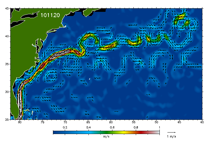 7-daagse gemiddelden van de stroomsnelheid van de Golfstroom (november 2010 tot november 2011) op basis van satellietmetingen van Envisat, 
Jason-1 en Jason-2 (bron TUDelft)
